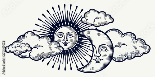 Bild auf Leinwand Anthropomorphic sun and moon illustration with clouds vintage engraving style