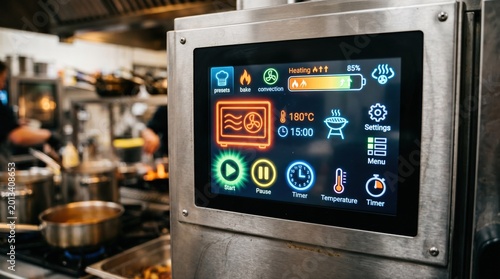 Closeup of a touchscreen industrial oven control interface with interactive icons and vibrant display emphasizing userfriendly operation and smart automation.