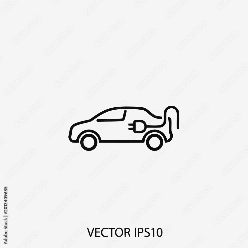 Fototapeta premium Electric car outline icon displays an eco-friendly vehicle profile connected to a charging plug cable for sustainable energy and transportation communication purposes.