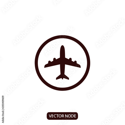 Airplane icon inside a circular frame represents travel and aviation themes for digital interfaces or signage systems as a clean minimalist graphic element.