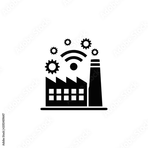 Factory icon featuring a wireless signal symbol and industrial gears represents modern smart manufacturing and digital connectivity within the production sector.