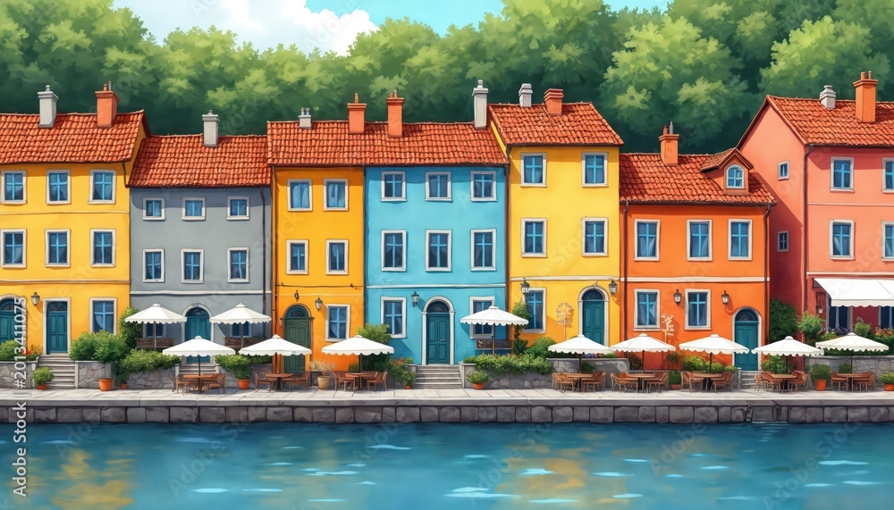 Obraz premium Colorful old houses line sunny waterfront street cafe. Buildings with orange tile roofs sit by calm blue water. Lush green trees grow behind bright facades.