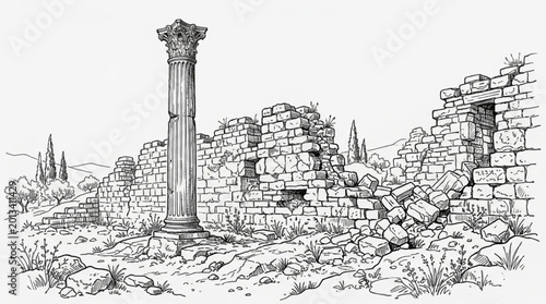 Cuadro en lienzo Ancient Roman column and stone wall ruins sketch.