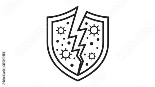 Photography Shield icon with lightning bolt and virus warning symbols, thin line vector badg
