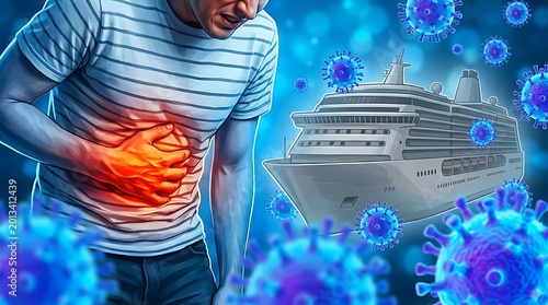 Illustration of a man suffering from stomach pain or food poisoning on a cruise ship, surrounded by floating virus particles, concept of illness outbreak on a cruise ship