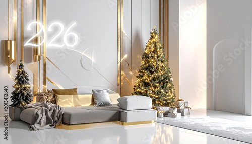 A festive living room scene with Christmas trees and a couch decorated for the holiday season indoors