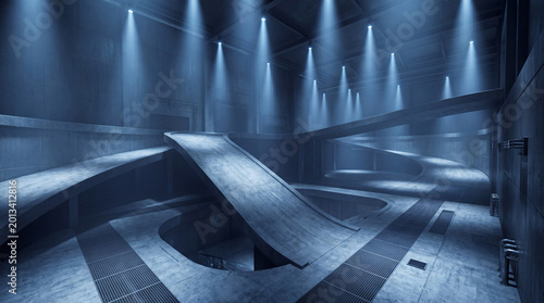 Fotografie Dark futuristic concrete structure with winding multi-level ramps and pathways, dramatically lit, 3D render
