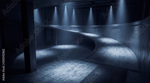 Картината върху платно Dark concrete interior featuring a long winding curved ramp along the wall, dramatically lit, 3D render