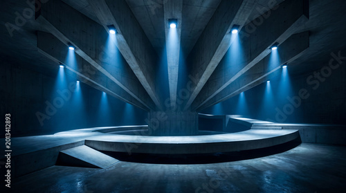 Fotografie Monumental brutalist concrete structure with radiating beams and a central platform, dramatically lit, 3D render