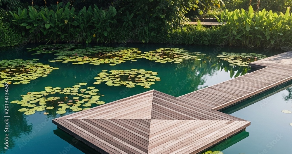 Naklejka premium Experience ultimate serenity with a modern wooden walkway over a lush, tropical lily pond.