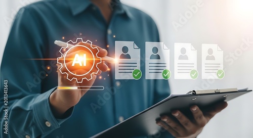 Ai recruitment and human resources management concept a recruiter uses a digital pen to select and screen job candidate profiles with artificial intelligence technology