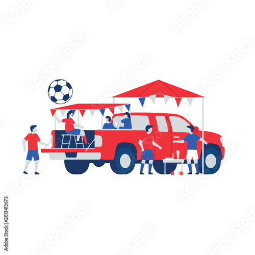 Minimalist vector of a pickup truck tailgate party for a soccer match, featuring a soccer ball and fans in simple jerseys, clean white background, limited palette of red, blue, and light grey,