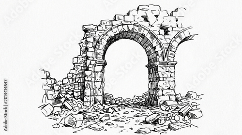 Foto Ancient stone archway ruins illustration sketch.