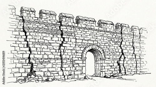 Quadro su tela Ancient Stone Castle Wall with Crenellations and Archway Entrance