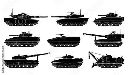 Tableau sur toile Modern Military Tank Silhouette Vector Collection with Armored Combat Vehicle Se