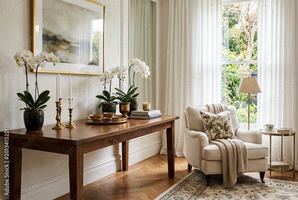 Fototapeta premium Elegant Living Room Interior with Orchids and Comfortable Armchair.