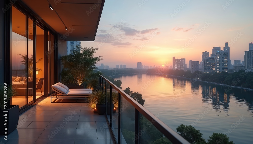 Naklejka premium Modern apartment balcony offers serene lake view at sunset. City skyline reflects on calm water, luxury living space for relaxation and peaceful evenings.
