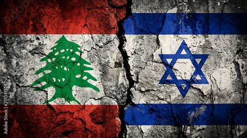 Flags of lebanon and israel on a cracked wall background concept of conflict, war, political tension, and diplomatic crisis between the two countries
