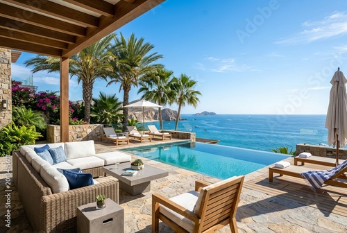 Luxury Villa Infinity Pool Overlooking Tropical Ocean Paradise.
