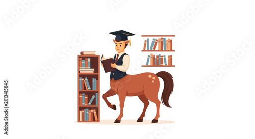 Centaur Student Reading Book in Library with Graduation Cap