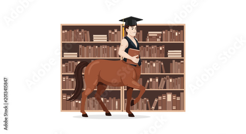 Centaur Student with Books in Library, Graduation Cap, Knowledge Concept