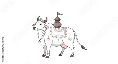 Decorated Sacred Cow with Pot and Flag, Indian Culture, White Background