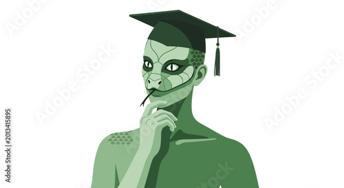 Anthropomorphic Snake Person Wearing Graduation Cap, Thinking