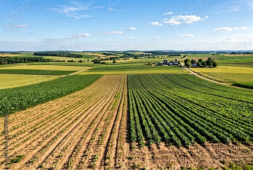 Vast Agricultural Fields Under a Blue Sky with White Clouds.