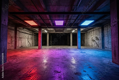 Vibrant Neon Lights Illuminating an Empty Industrial Warehouse Space.