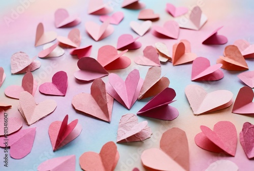 A Collection of Pink and Red Paper Hearts Scattered on a Colorful Background.