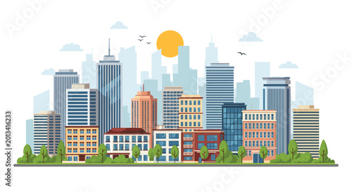 Wide panoramic view of a modern city skyline with numerous skyscrapers, parks, and a glowing orange sun in a clear sky at sunset.