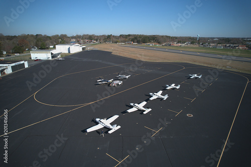 Schilderij op canvas Aerial drone perspective of general aviation planes at Danville Airport, VA