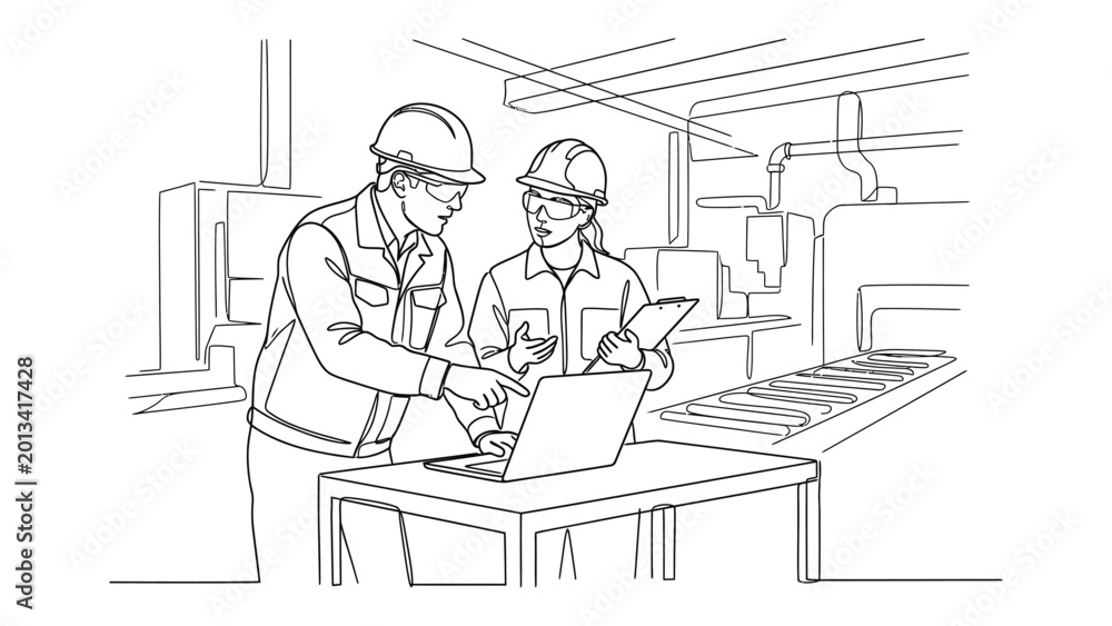 Fototapeta premium Two workers in hard hats collaborating on laptop.