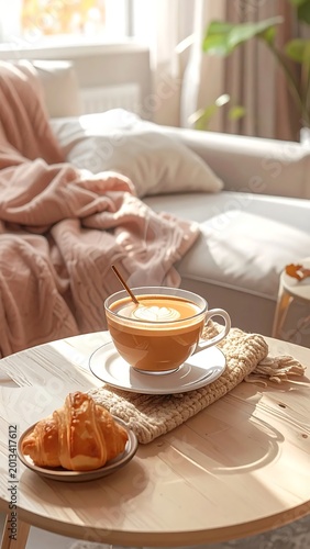 Morning Coffee With Heart Latte Art And Flaky Croissant On Wooden Table In Bright Cozy Living Room With Soft Pink Knitted Blanket On A White Sofa