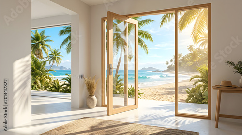 Luxury Tropical Beach View from Modern Minimal Interior with Open Glass Door and Palm Trees