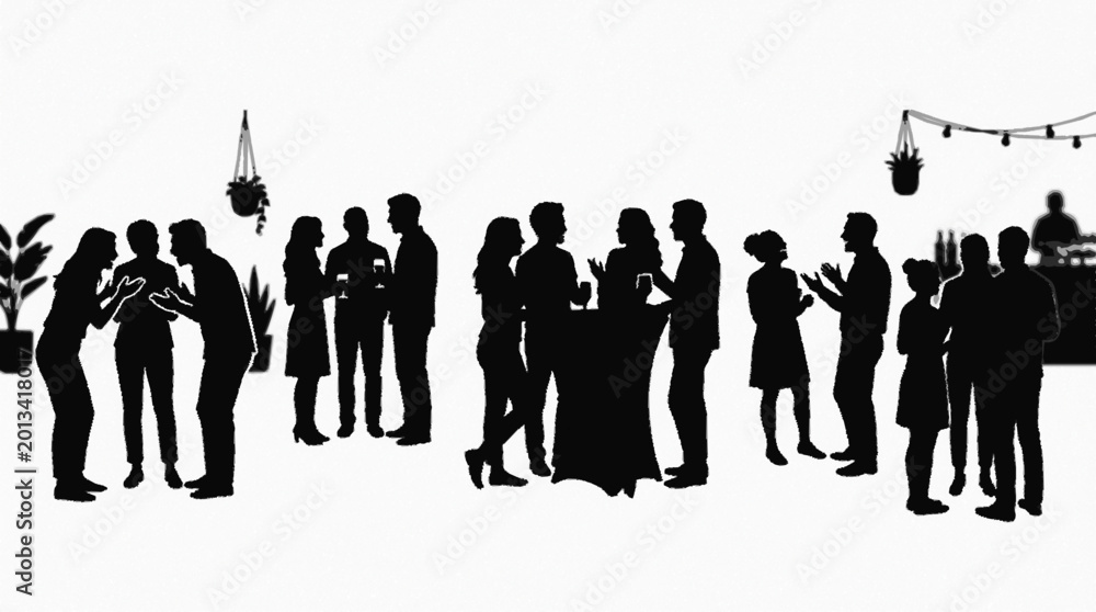 Fototapeta premium Silhouettes of a lively social gathering with people clustered in groups conversing and mingling at an event