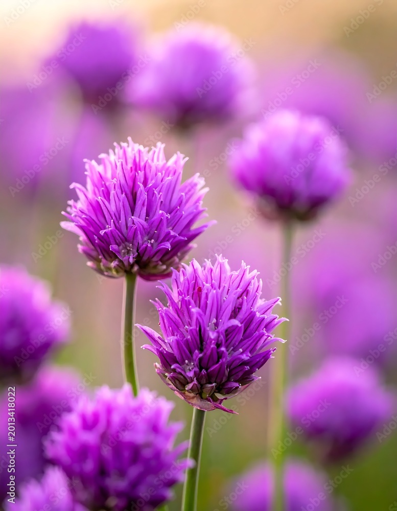 Fototapeta premium Purple Chive Flowers Blooming In A Garden Macro Photography With Soft Bokeh Background And Vibrant Violet Petals On Green Stems