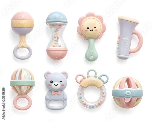 Baby Care and Early Childhood Concept with Cute Rattle Toys