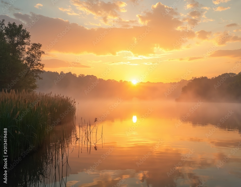 Fototapeta premium Sunrise over calm lake with mist rising from water. Tall reeds line shore reflecting orange and yellow sky. Forest silhouettes on horizon. Peaceful morning scene.