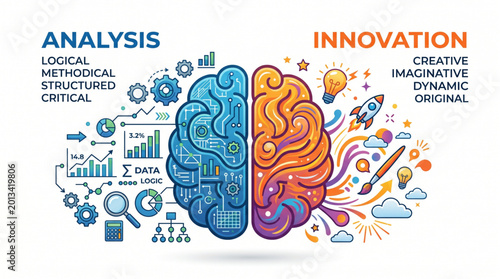 Tablou pe pânză Brain split into analytical and innovative halves with icons.