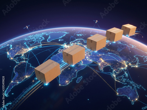 Global shipping network with cargo boxes moving across the Earth