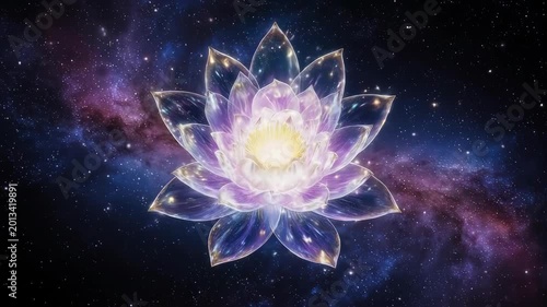 Glowing purple lotus flower in space with stars