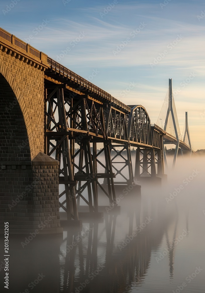 Fototapeta premium Old Stone and Metal Truss Bridge Leading to Modern Cable-Stayed Bridge