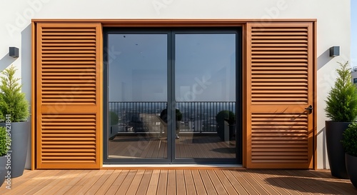 Modern wooden deck with sliding glass door and shutters on white wall