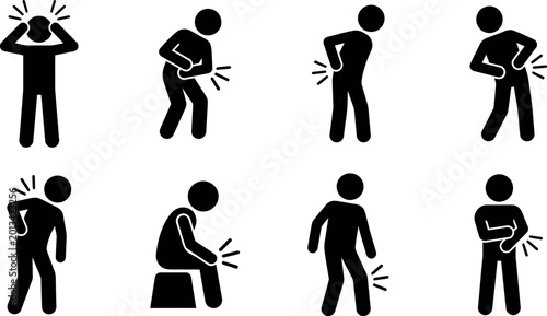 Bild auf Leinwand Human body pain icons set black silhouette illustrations of aches and discomfort