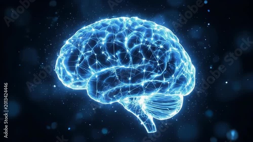 Glowing blue brain with particles on dark background