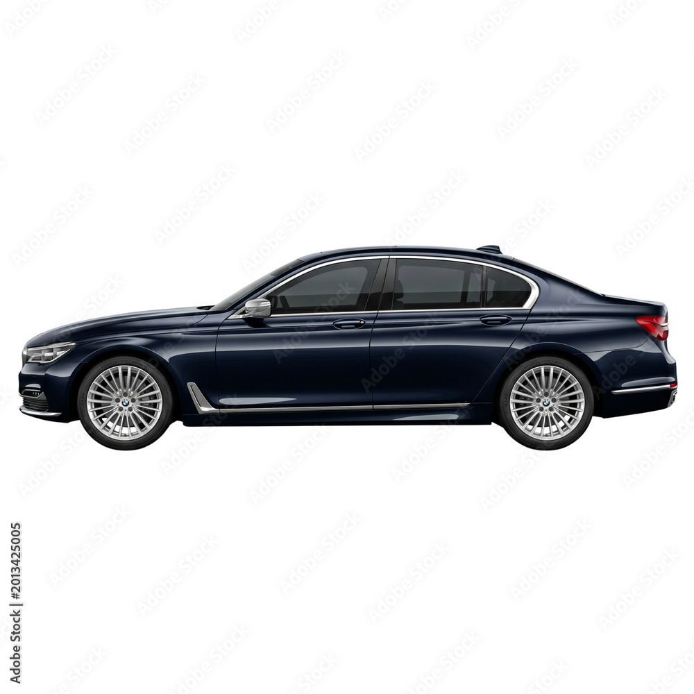 Fototapeta premium Dark Blue Luxury Sedan Car Side View Isolated on White Background