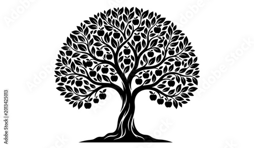 Cuadro en lienzo Elegant apple tree silhouette with fruit and lush foliage in minimal black vecto
