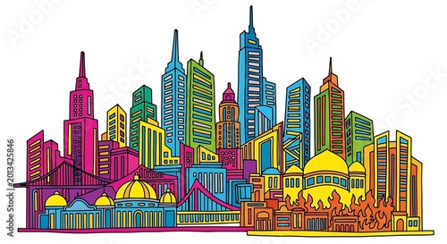 A vibrant, colorful illustration of a cityscape with diverse architectural styles, featuring skyscrapers and notable buildings