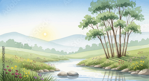 Foto Serene landscape with trees and river.